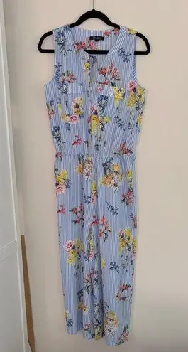 Spense Floral Blue and White Striped Jumpsuit Belt Loops and Pockets Vacation Size 8
