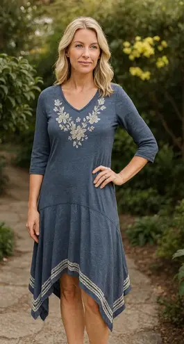 Johnny Was Tess Embroidered Assymetrical Hem Dress Heathered Blue Size Large