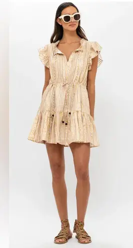 Oliphant Design 100% Cotton Gold Stripe Flutter Sleeve Dress Women’s Size Small