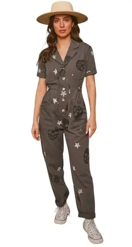 Fantastic Fawn Skull and Star Short Sleeve Jumpsuit in Dark Green