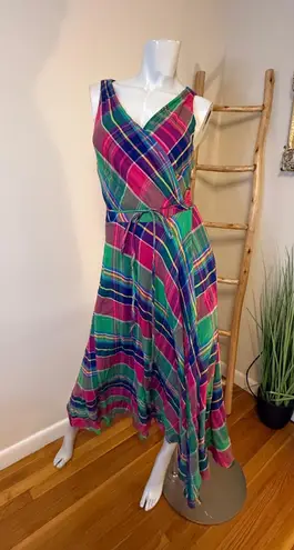 Polo Ralph Lauren Madrid Wrap Maxi Dress 8 Madras Plaid Midi Prep Coastal Pink Blue