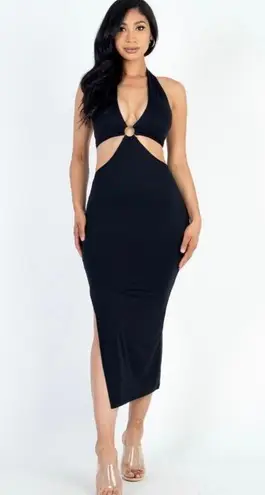 LAST ONE Black Front Cut Out Halter Neck Back Tie Midi Dress