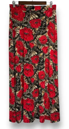 Vintage Y2K Maxi Skirt L Red Floral Tiger Animal Print Slinky Stretch Pull On Size L