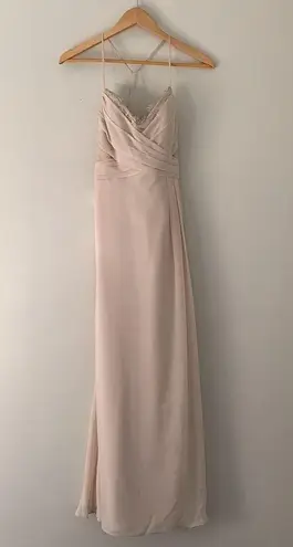 Hayley Paige Occasions  blush formal maxi with lace