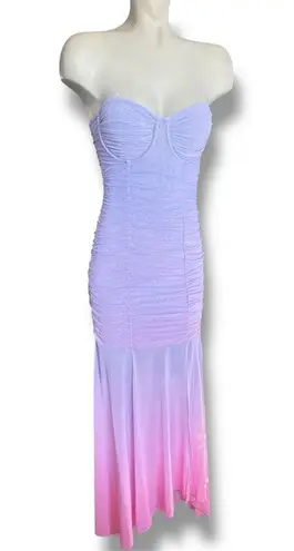 Rococo Sand Purple Pink Ombre Strapless Ruched Maxi Dress S