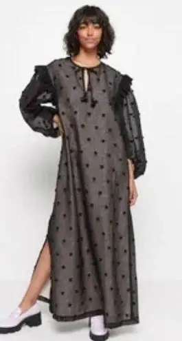 Manoush Black Tulle Polka Dot Long Sleeve Split Tie Neck Shift Maxi Dress sz 38