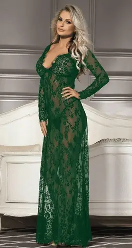 Emerald Green Fully Sheer Eyelash Lace Long Sleeve Maxi Dress S/M NWOT