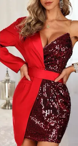 Women's Tuxedo One Shoulder Sequins Dress Size XL Red