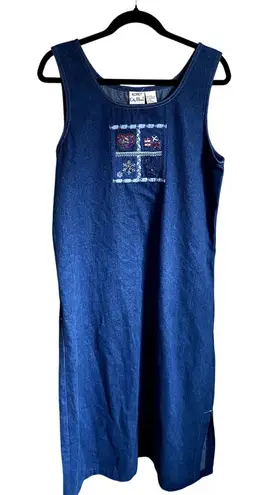 Vintage 90s Embroidered Winter Denim Jumper Dress Medium Folk Cottagecore Granny Blue