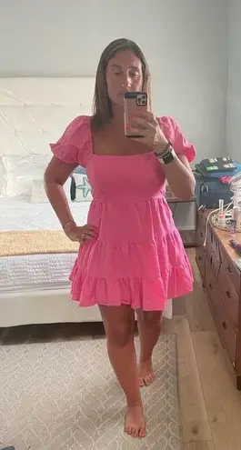 LOUNA Pink Linen Blend Tiered Puff Sleeve Tie Back Square Neckline Mini Dress S