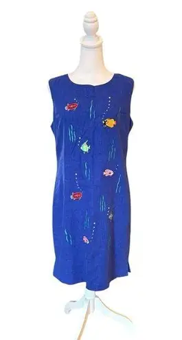 Ultra Dress Linen Sleeveless Mini Dress With Embroidered Fish Womens 12 Blue