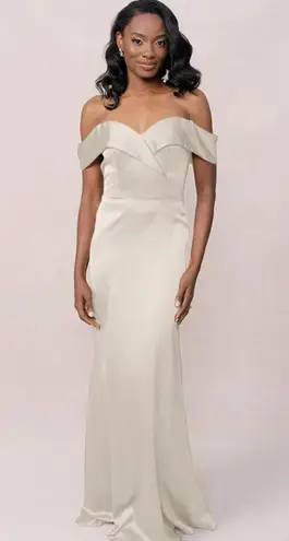 Revelry Bardot Satin Off Shoulder Maxi Dress in Soft Champagne Size 8 Gold