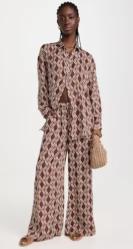 Resa Miley Coco Brown Wavy Print Shirt Wide Leg Pants Set Size S