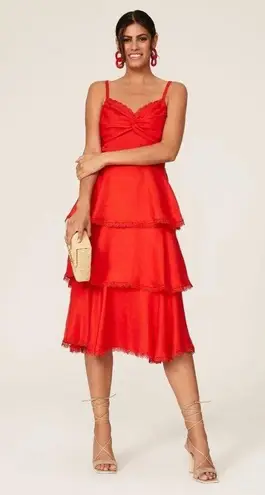 Marchesa Notte Tiered Lace Trim Midi Dress Size 0 Red Glam Holiday Event Wedding
