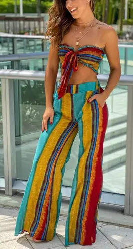 Cider Medium Boho Teal Red Green Multi Smocked Bandeau Top and Wide Pants Set