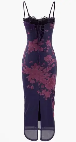 Micas Floral Print Lace Trim Slit Maxi Dress