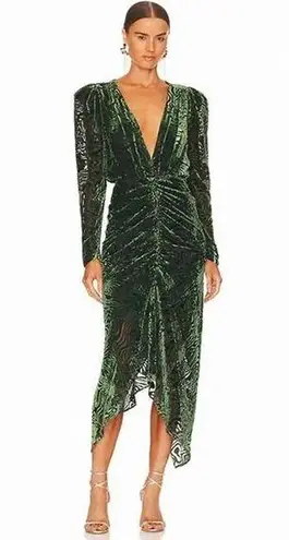 Ronny Kobo Astrid Green Animal Print Velvet Ruched Long Sleeve Midi Dress XS