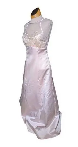 Vtg Y2K Jump Apparel Blush Pink Satin Embroidered Empire Waist Prom Dress Sz 5 6