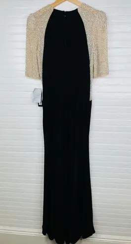 XScape  Elise Beaded Illusion Mesh Jersey Knit Gown Black/Nude/Silver Size 6