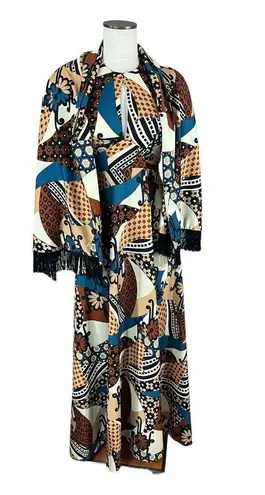 Neiman Marcus Vintage 60s/70s MOD Brown Abstract Maxi Dress Gown w/Wrap Shawl XS