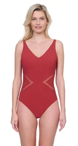 Gottex NWT Day Dreamer Rust V-Neck One Piece Swimsuit Mesh Cutouts Size 6