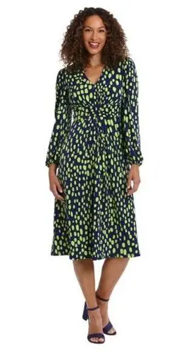 MAGGY LONDON Elorin Matte Jersey Knit Bishop Sleeve Midi Dress Navy Green NWT 6 Blue