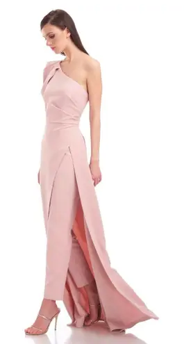 Kay Unger Pale Blush Bigou Shoulder Draped Jumpsuit Dress Stretch Crepe Size 12 Pink