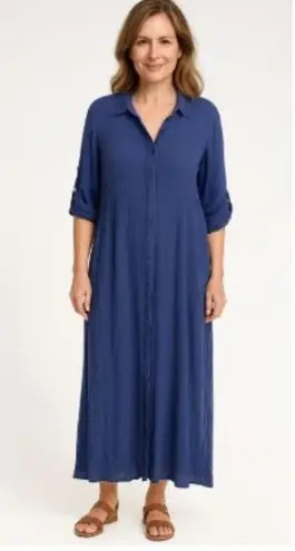 Woman Within Size 14W Blue Button-Front Maxi Dress Roll-Tab Sleeves