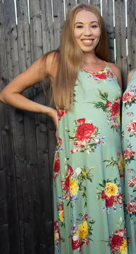 JODIFL Floral Sleeveless Maxi Dress in Green - Small Red Yellow Flowers Boutique