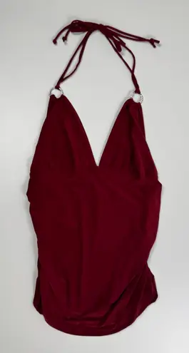 Vintage Y2K Sirens Red Halter Going Out Top Ruched Bling Rhinestone Metal Rings Size M