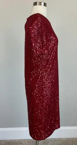 DKNY Women's Cocktail Dress Size 14 Red Sequined Short Sleeve Shift