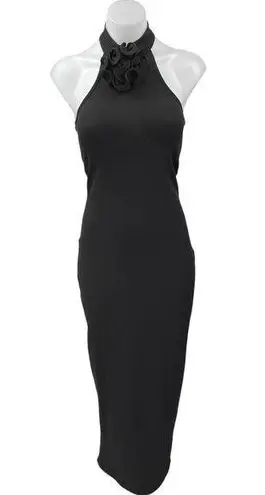 NA-KD Black Sleeveless Rose Halter High Neck Slit Midi Maxi Bodycon Dress XS