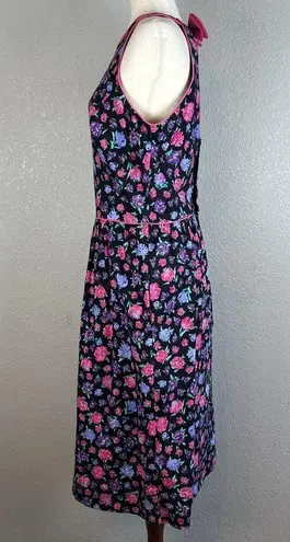 Vintage Lanz Womens Midi Dress 14 Black Floral Open Bow Back Pockets Made in USA