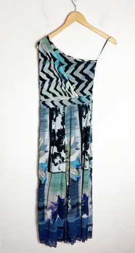 Fuzzi Floral One Shoulder Mesh Jumpsuit Size Small Blue Stretch Cropped Wide Leg