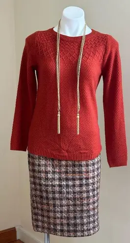 Loft  Brown Tan Cream & Orange Plaid Midi Skirt Zip On Side lining SZ 8P