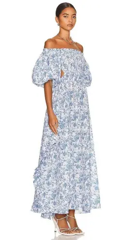 Caroline Constas Yara Blue Toile Floral Off Shoulder Puff Sleeve Maxi Dress S