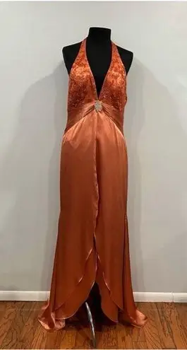 Ciré A Division of Landa Flame Orange Plunge Neck Halter Gown 16 Y2K