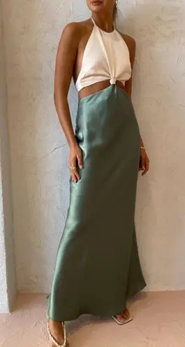Bec & Bridge NWT Carrie Halter Satin Cut Out Cream Green Maxi Dress US 10