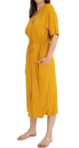 Rokoko Button Front Tie Waist Short Sleeve Midi Dress Pocket Mustard Yellow Sz M