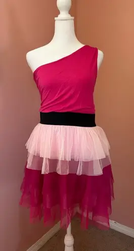 Say What? Vintage Y2K pink black shoulder tiered high school musical ruffle toile dress L