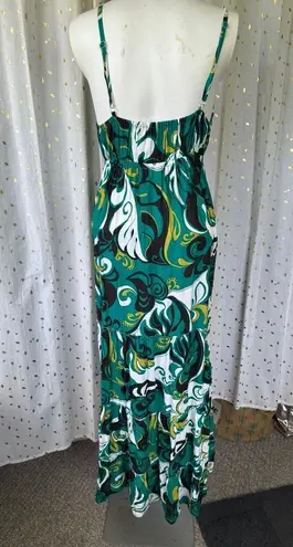 Coconut Moon Hawaiian Aloha Adjustable Spaghetti Straps Tiered Maxi Dress M Green Size M