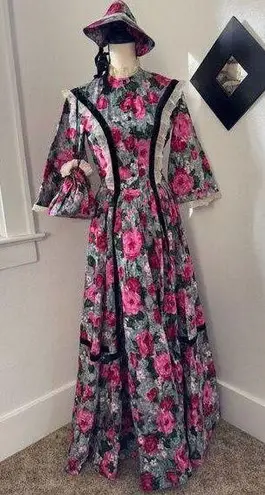Handmade STUNNING Vintage Victorian Floral Dress Sun Hat Set Handbag Womens Sz S