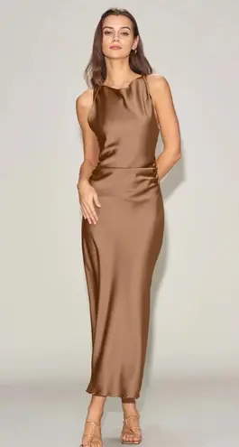 Rihoas Coffee Satin Boat Neck Slip Midi Dress Brown Size 6
