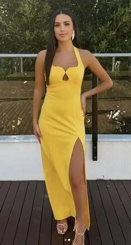 Elliatt Tuning Halter Neck Column Gown in Yellow Size Medium