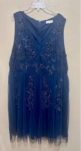 Maya Deluxe Plus Size Blue Beaded Embellished Sleeveless Tulle Dress Blue