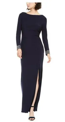 Vince Camuto Navy Dark Blue Embellished Long Sleeve Drape Evening Bodycon Maxi Dress