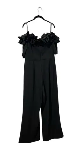 XScape  Women's Black Off-The-Shoulder Ruched Ruffled Jumpsuit Size 14 Formal