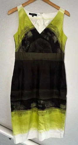 Lafayette 148 Linen Sleeveless Dress Pockets Green Brown Watercolor Artsy Preppy Size 6