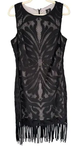 Julia Jordan T2 Black Lace Sleeveless Fringe Party Cocktail Dress Flapper ish