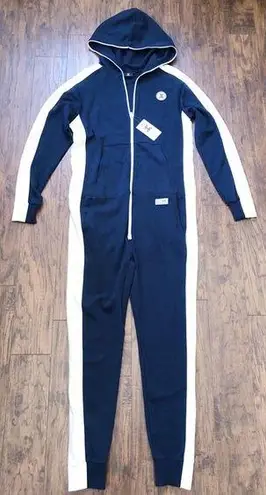 One Piece • Racer Jumpsuit onesie navy white knit zip front loungewear unisex